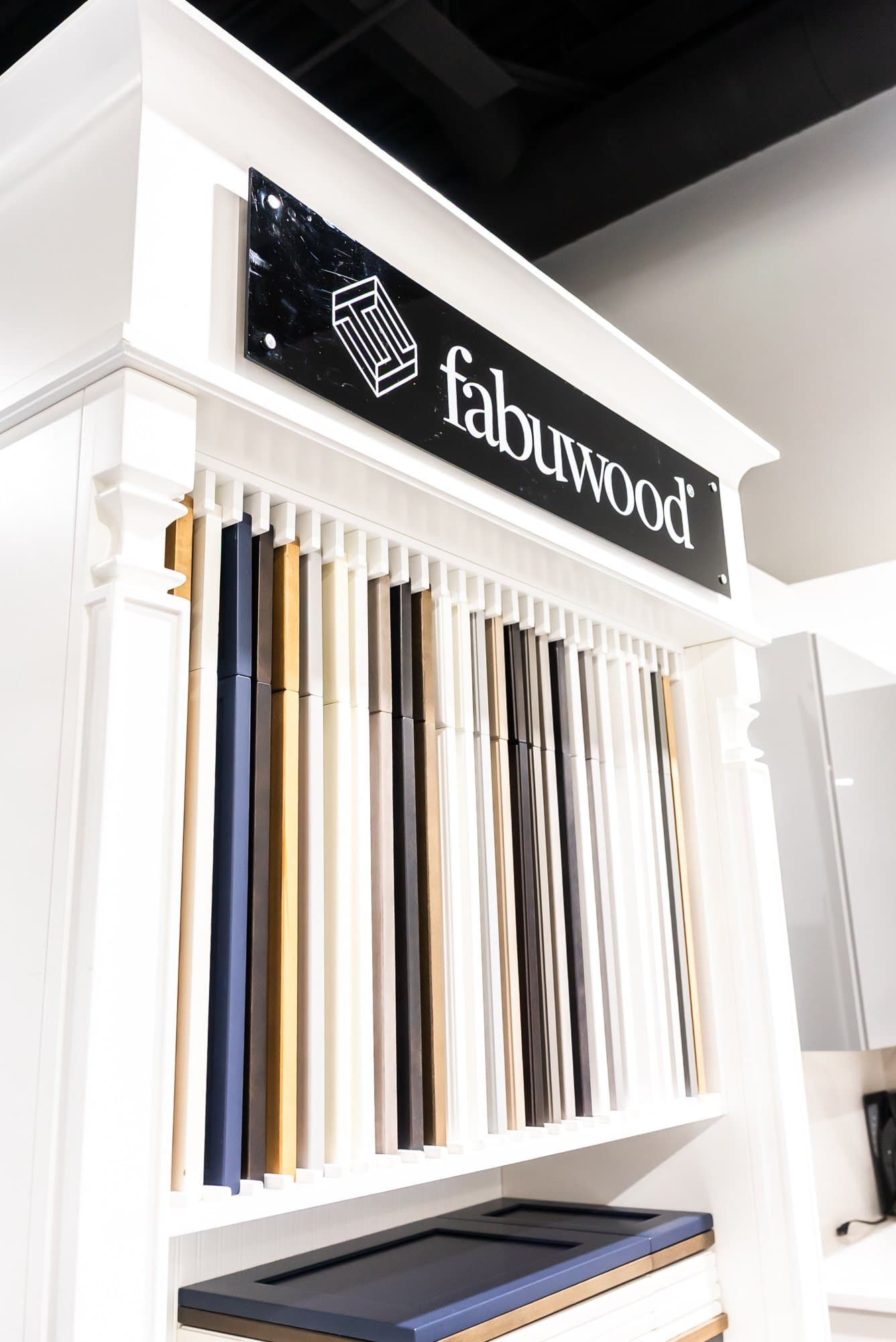 The Fabuwood door and finish display in the Bay State Kitchen Gallery showroom in Waltham