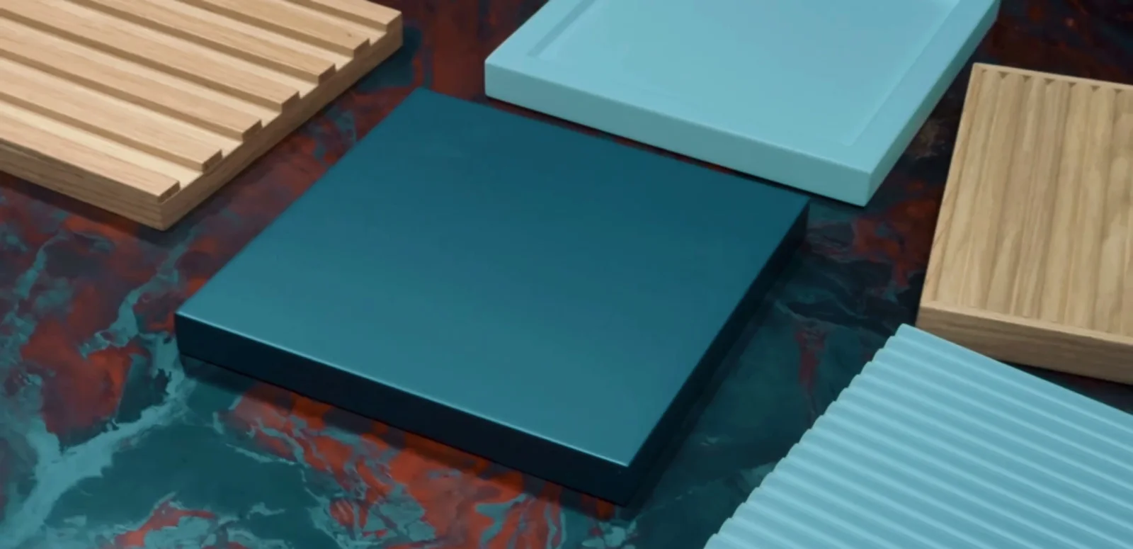 Cabinet door and surface samples in the supplied Elleganza workshop film