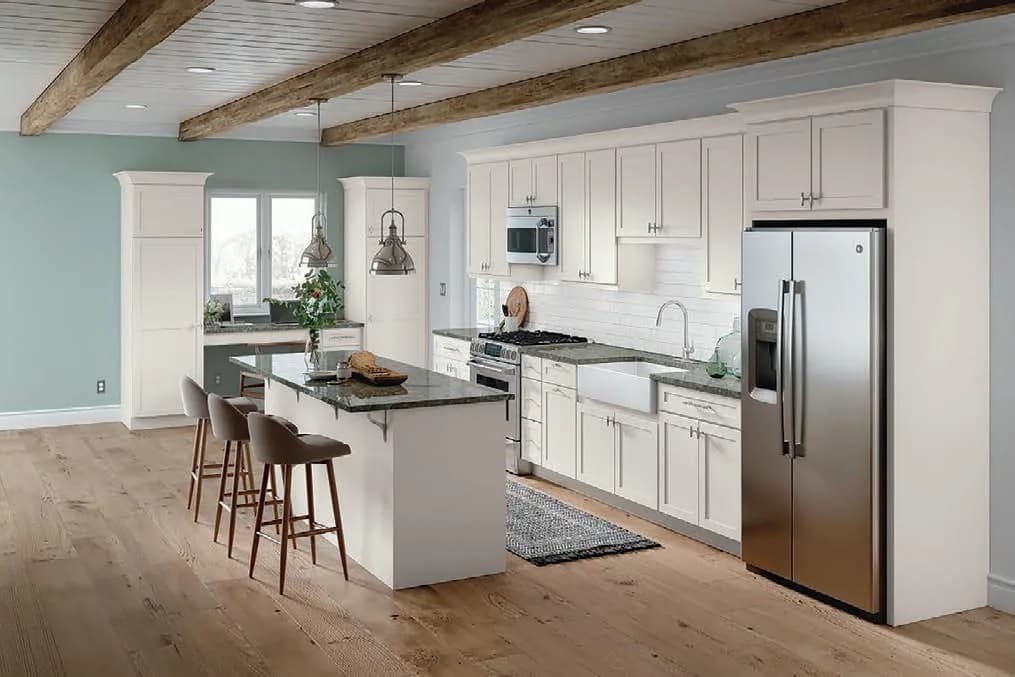 Mantra cabinetry, Spectra (clean transitional, 3" rail), Classic (timeless Shaker, 2¼" rail), Omni (modern Shaker, 2¼" rail full overlay).