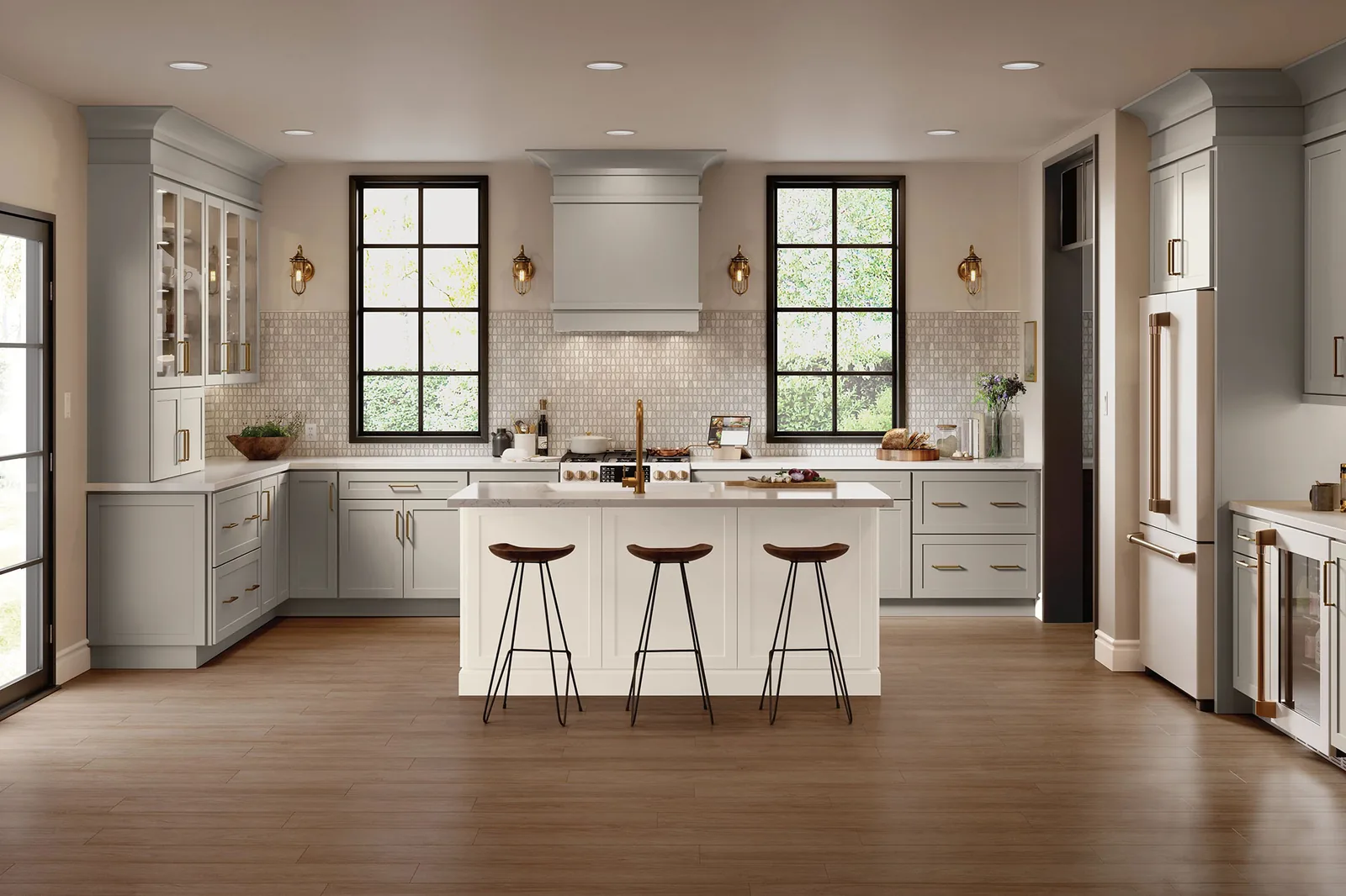 Mantra cabinetry, Spectra (clean transitional, 3" rail), Classic (timeless Shaker, 2¼" rail), Omni (modern Shaker, 2¼" rail full overlay).