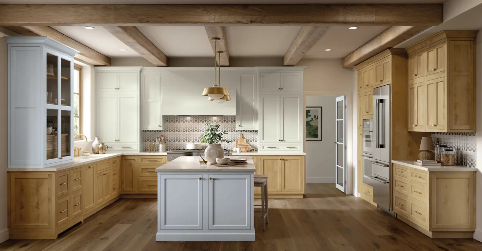 StarMark framed kitchen with natural wood perimeter and painted island