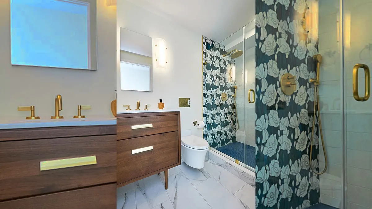 Charlestown bathroom collage with gold fixtures, a walnut vanity, and floral tile shower surround