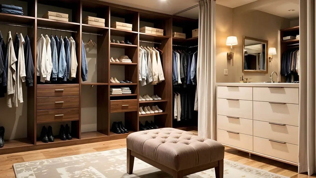 Walk-in closet with dark wood built-in shelving, hanging rods, drawers, and a tufted ottoman bench