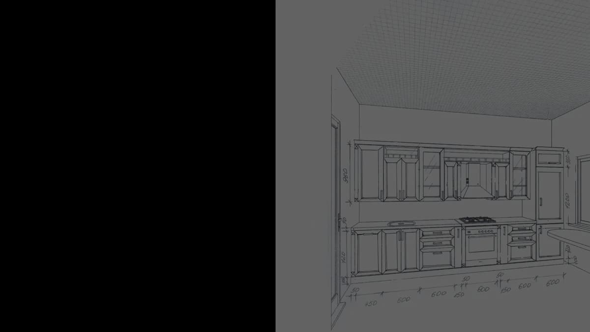 Architectural line drawing of a kitchen cabinet elevation with dimension measurements