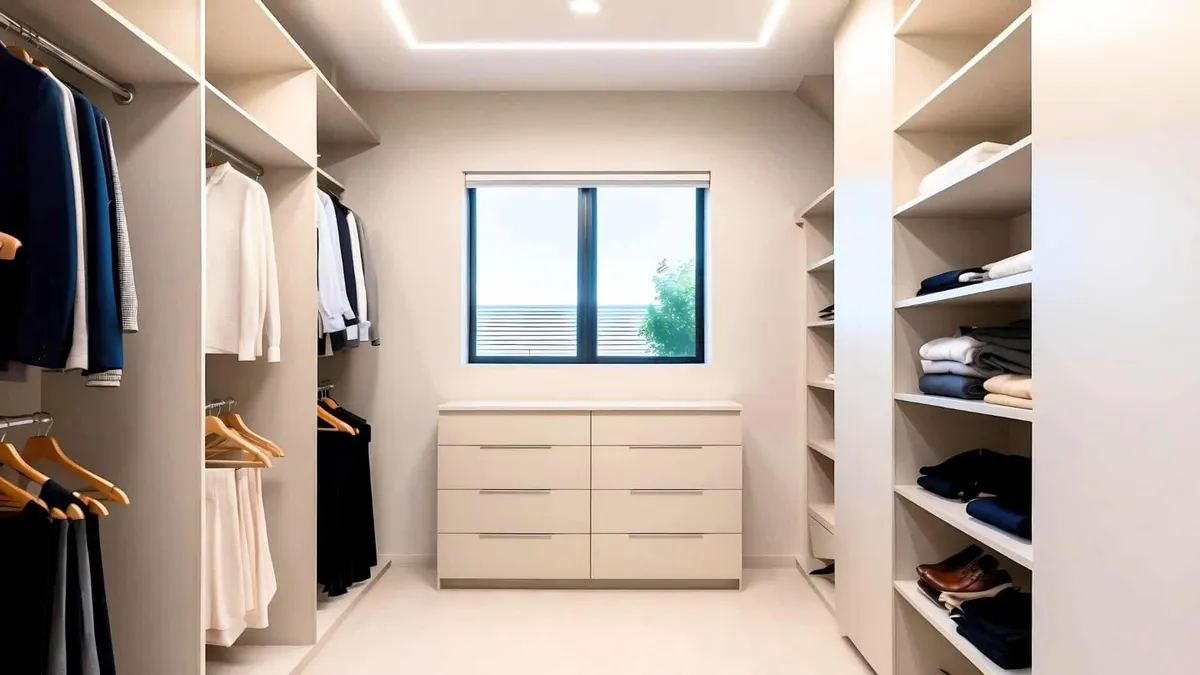 Walk-in closet with cream built-in shelving, hanging rods, a drawer dresser, and a window view