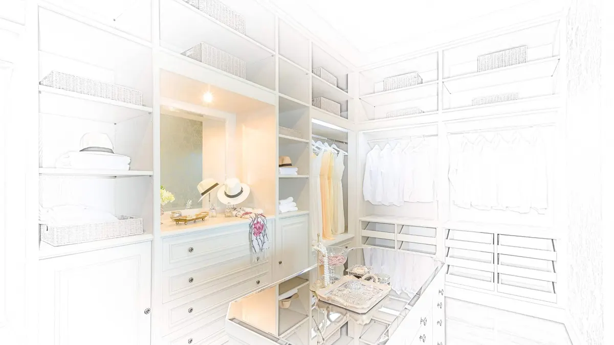 Faded design sketch of a closet vanity area with mirror, shelving, and drawers