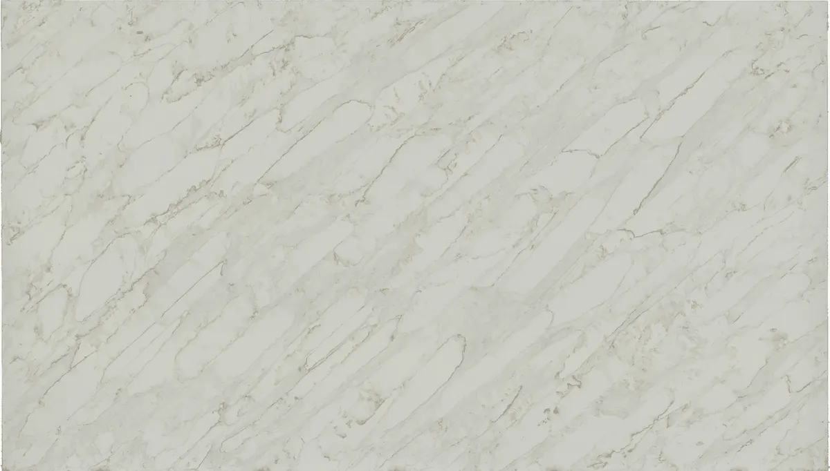 Cream-white quartz countertop slab with faint linear diagonal veining
