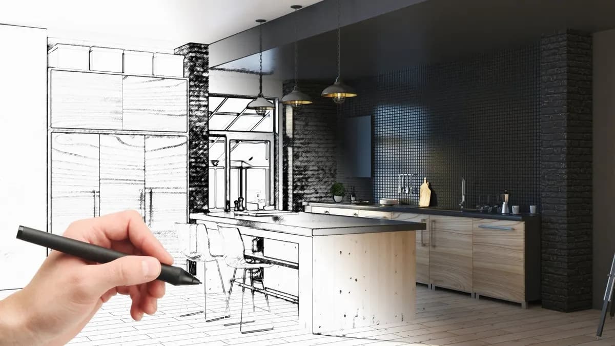 Design sketch transitioning into a rendered dark kitchen with wood island and pendant lighting
