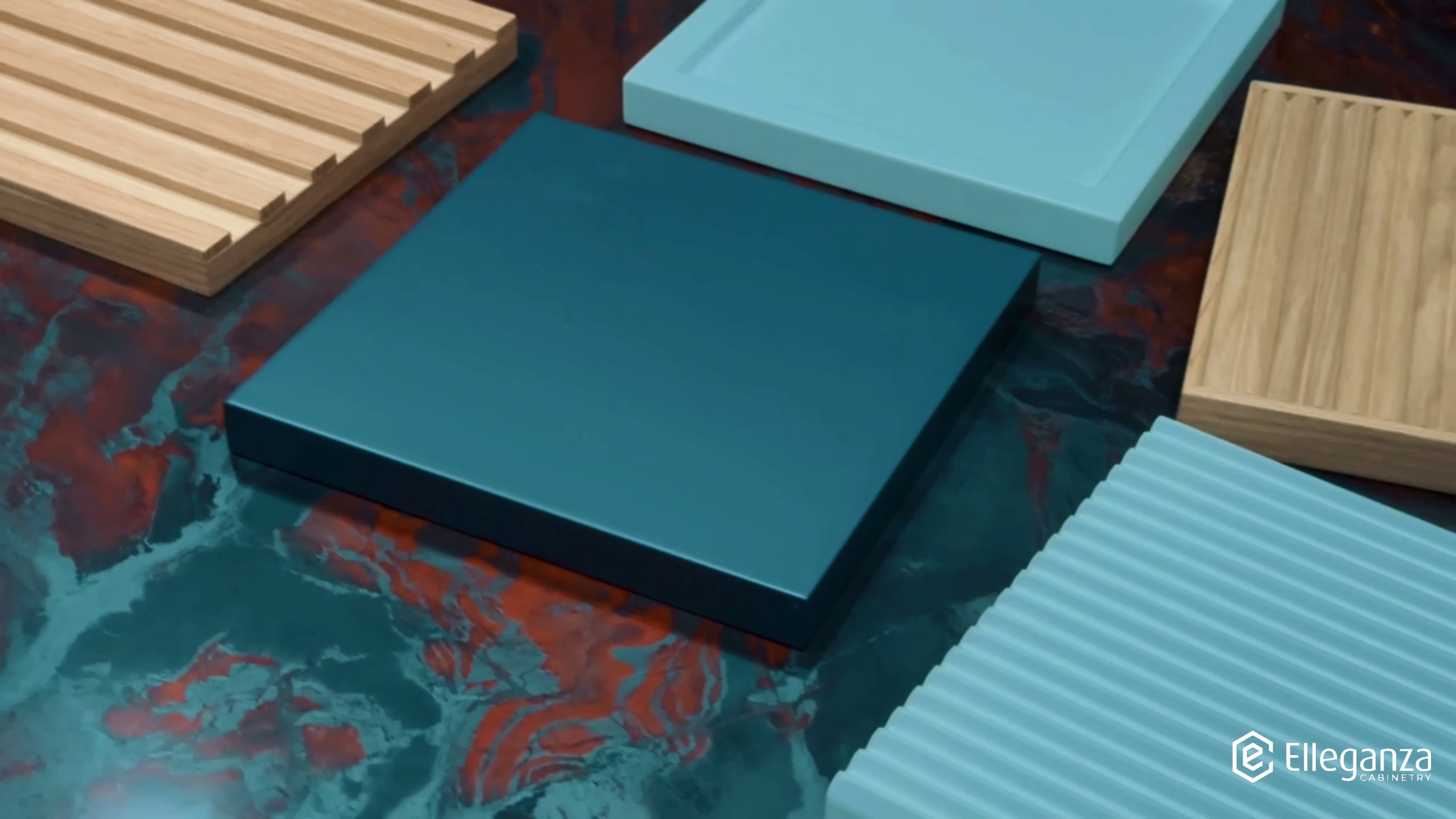 Cabinet door and surface samples in the supplied Elleganza workshop film