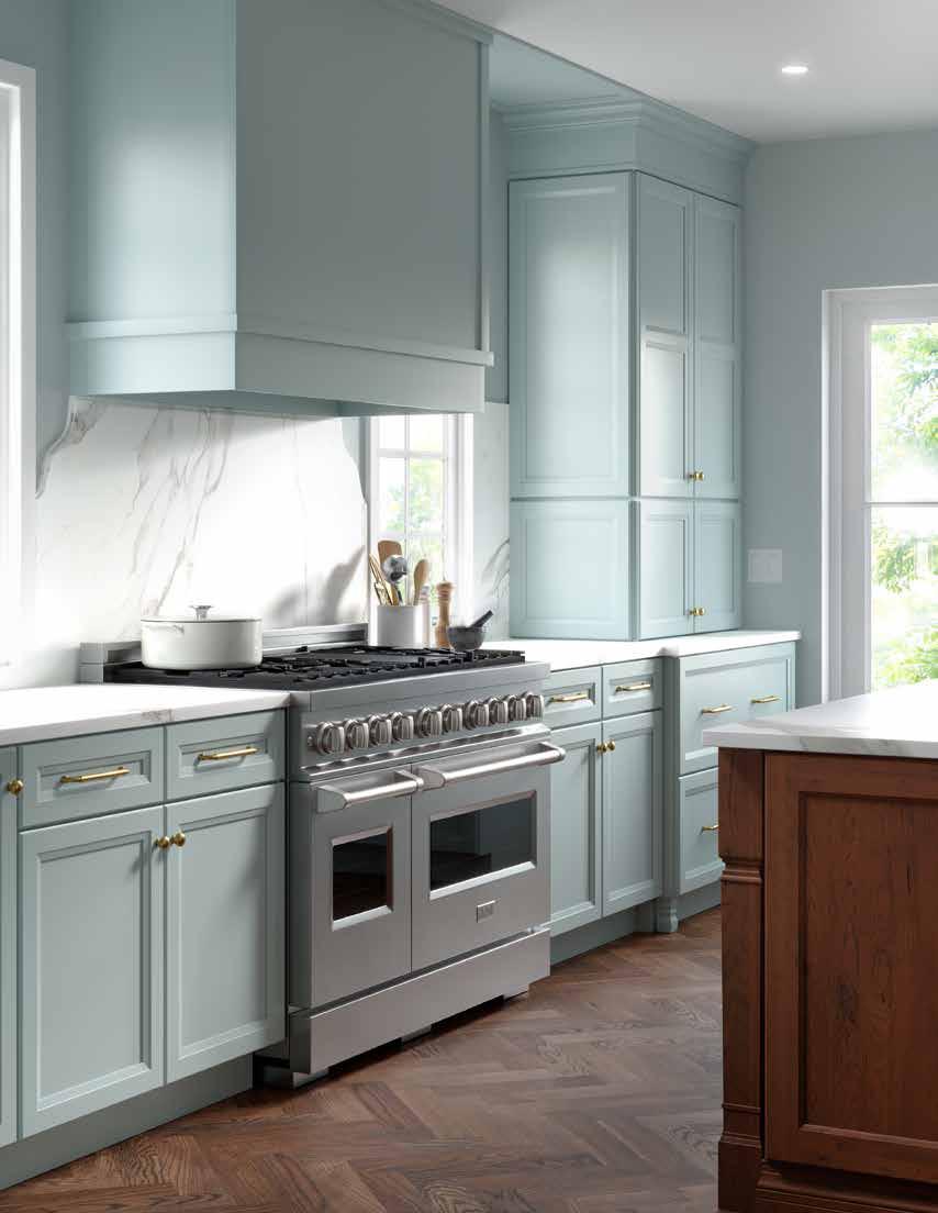 Mid Continent: Blue-grey kitchen cabinetry, Kitchen details