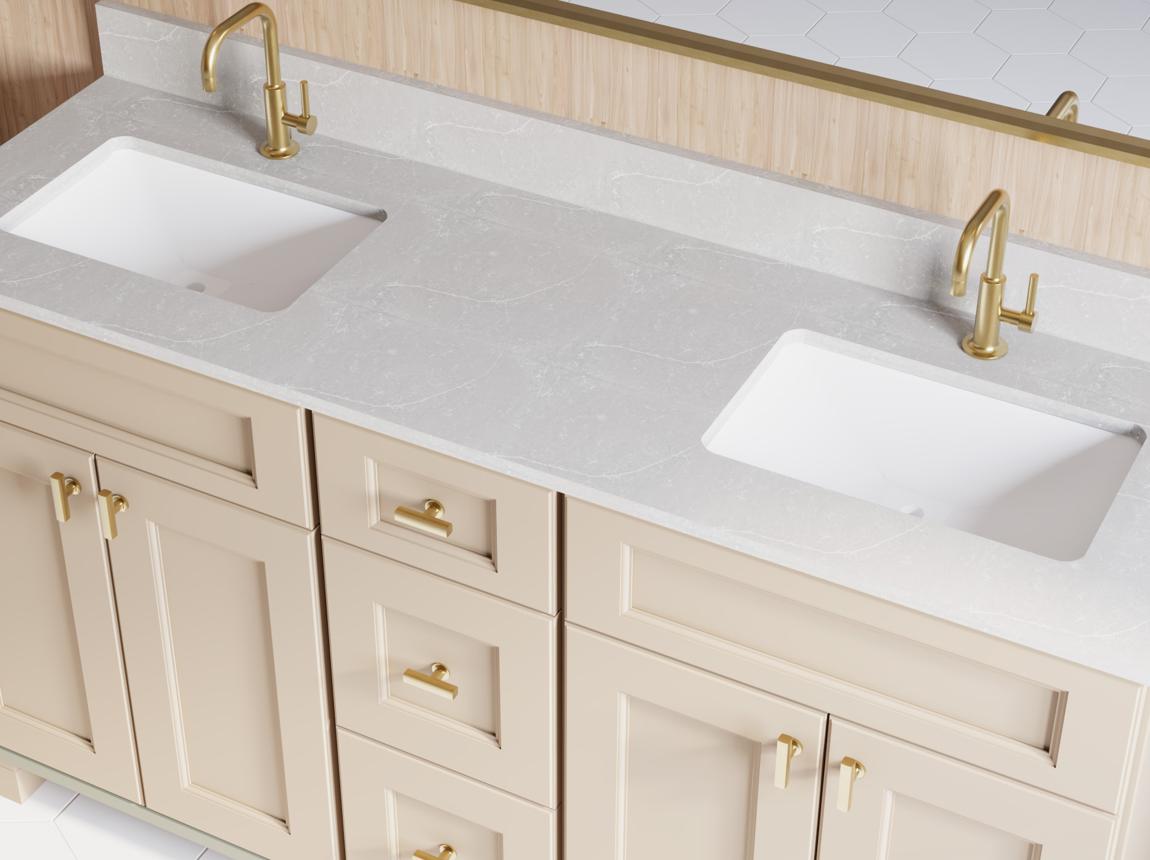 Fabuwood: Macadamia Beige & Mint Green, Fusion · Desert Silver Top