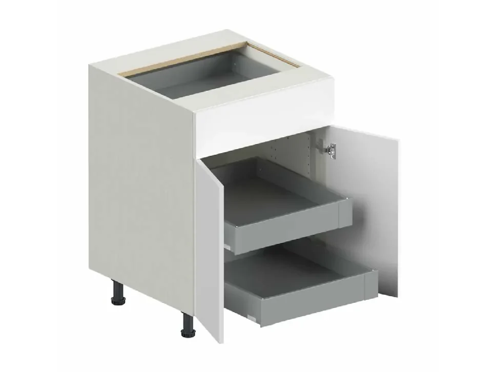 Fabuwood Illume base cabinet standing on adjustable furniture feet