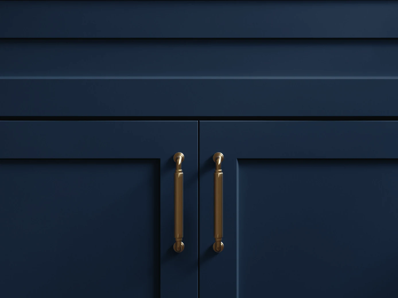 Mantra Omni drawer front over a pair of doors in Admiral navy, covering the face frame