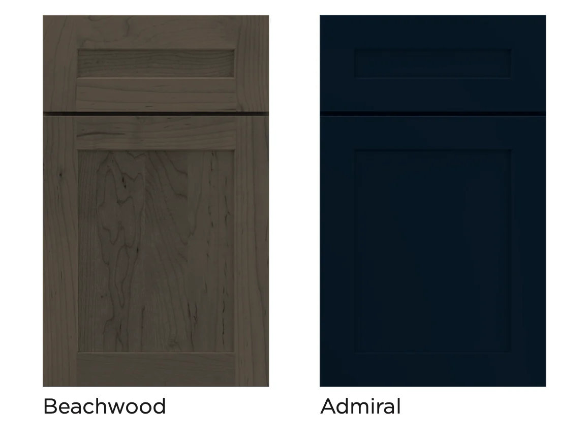 Mantra Omni door samples in Beachwood stain and Admiral paint, with their printed names