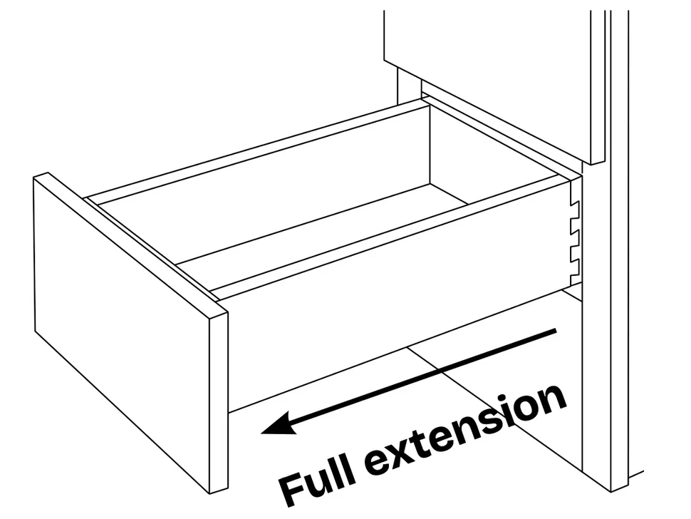 StarMark catalog drawing of a drawer pulled out to full extension on undermount slides